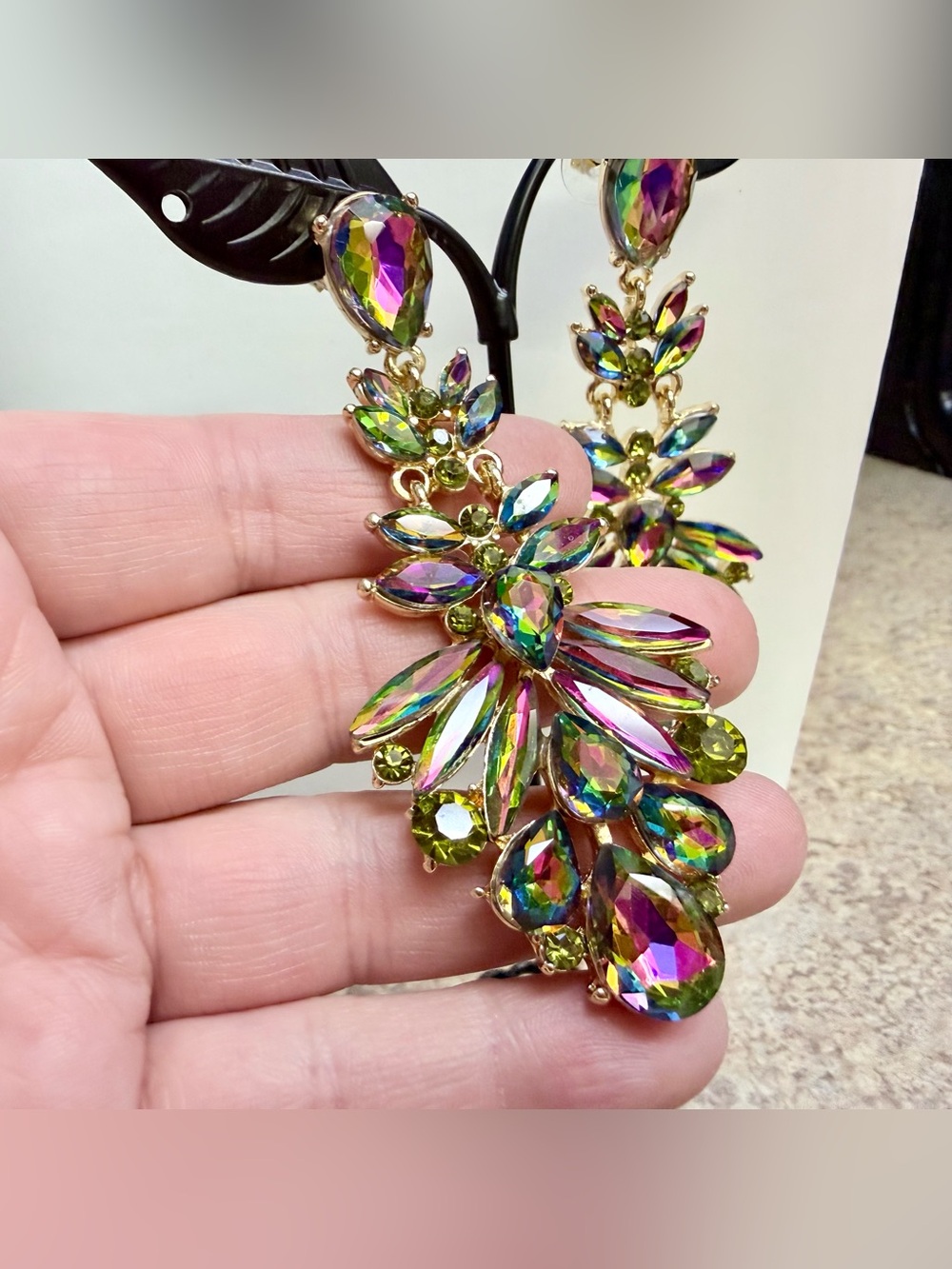 Aurora Borealis iridescent crystals chandelier earrings. - Picture 3 of 4